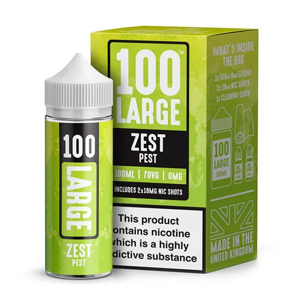 100 Large Juice E-Liquid Zest Pest shortfill bottle and packaging on a white background - UK Vape Sales