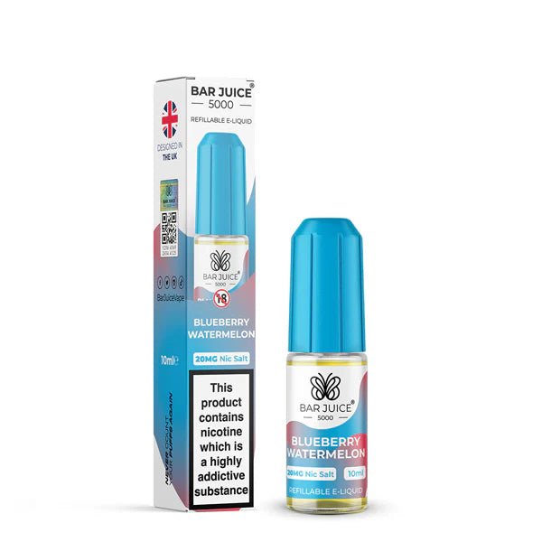 Bar Juice 5000 Nic Salts blueberry watermelon 10ml nic salt bottle with packaging on white background - uk vape sales