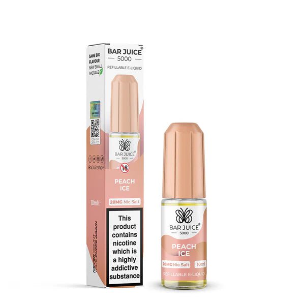 Bar Juice 5000 Nic Salts peach ice 10ml nic salt bottle with packaging on white background - uk vape sales