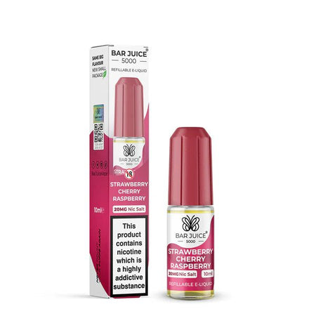 Bar Juice 5000 Nic Salts strawberry cherry raspberry 10ml nic salt bottle with packaging on white background - uk vape sales