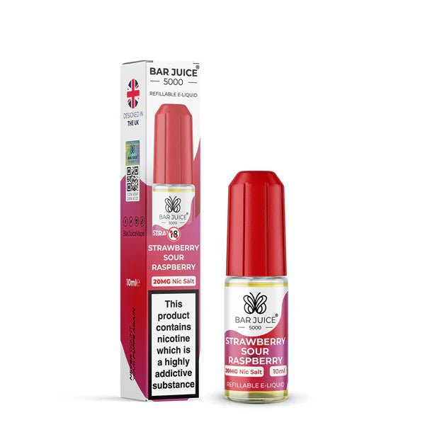 Bar Juice 5000 Nic Salts strawberry sour raspberry 10ml nic salt bottle with packaging on white background - uk vape sales
