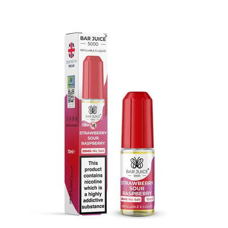Bar Juice 5000 Nic Salts strawberry sour raspberry 10ml nic salt bottle with packaging on white background - uk vape sales