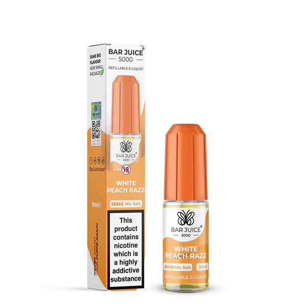 Bar Juice 5000 Nic Salts white peach razz 10ml nic salt bottle with packaging on white background - uk vape sales