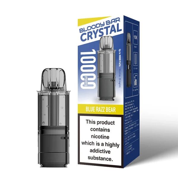 Bloody Bar Crystal 10K Refill Pods blue razz bear with packaging on a white background - uk vape sales