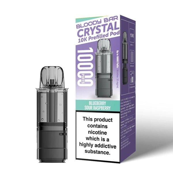 Bloody Bar Crystal 10K Refill Pods blueberry sour raspberry with packaging on a white background - uk vape sales