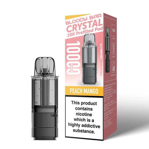 Bloody Bar Crystal 10K Refill Pods peach mango with packaging on a white background - uk vape sales