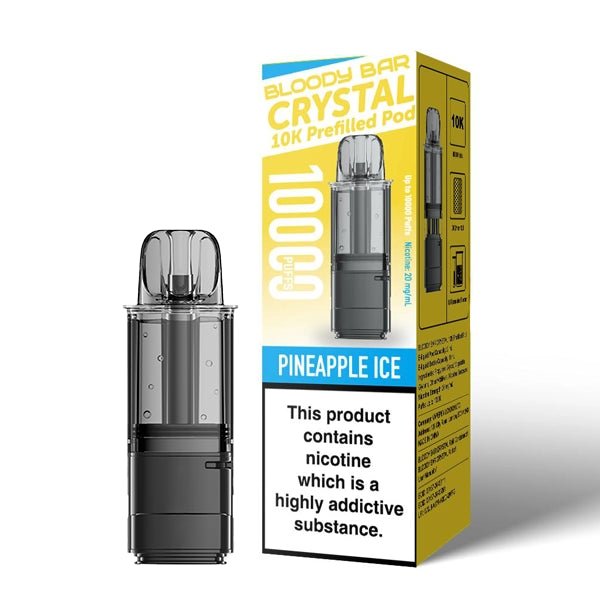 Bloody Bar Crystal 10K Refill Pods pineapple ice with packaging on a white background - uk vape sales