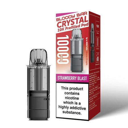 Bloody Bar Crystal 10K Refill Pods strawberry blast with packaging on a white background - uk vape sales