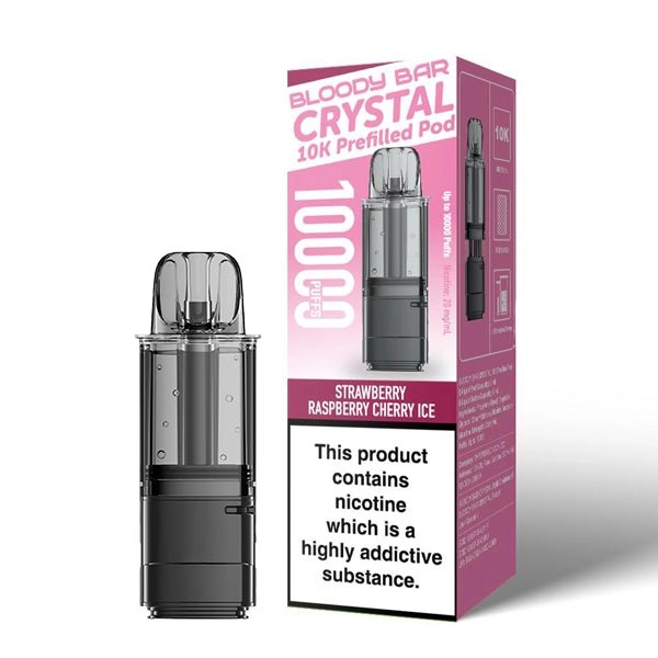 Bloody Bar Crystal 10K Refill Pods strawberry raspberry cherry ice with packaging on a white background - uk vape sales