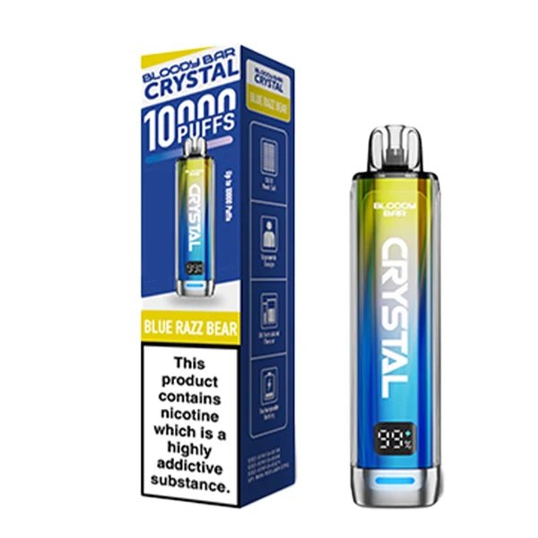 Bloody bar crystal 10k vape kit blue razz bear device and packaging on a white background - uk vape sales