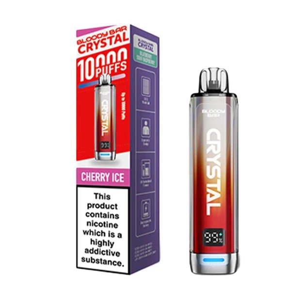 Bloody bar crystal 10k vape kit cherry ice device and packaging on a white background - uk vape sales