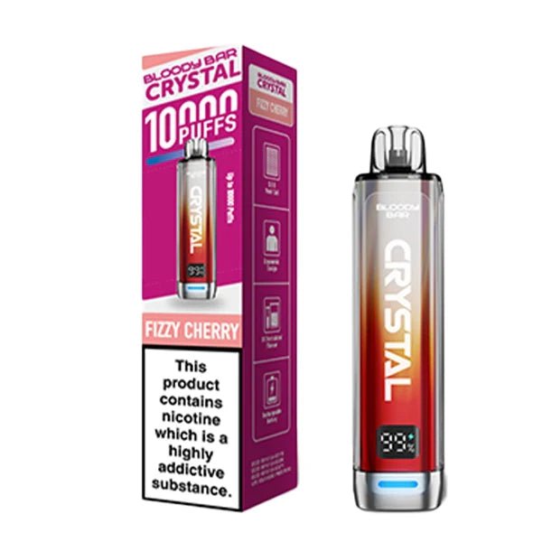Bloody bar crystal 10k vape kit fizzy cherry device and packaging on a white background - uk vape sales