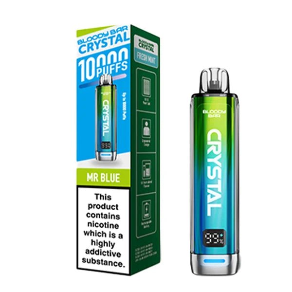 Bloody bar crystal 10k vape kit mr blue device and packaging on a white background - uk vape sales