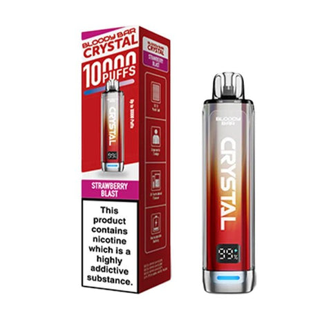 Bloody bar crystal 10k vape kit strawberry blast device and packaging on a white background - uk vape sales