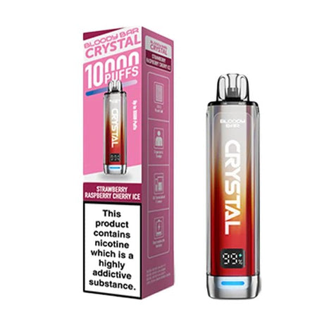 Bloody bar crystal 10k vape kit strawberry raspberry cherry ice device and packaging on a white background - uk vape sales