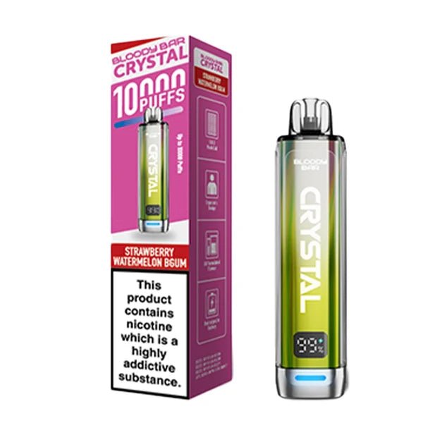 Bloody bar crystal 10k vape kit strawberry watermelon bgum device and packaging on a white background - uk vape sales