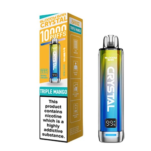 Bloody bar crystal 10k vape kit triple mango device and packaging on a white background - uk vape sales