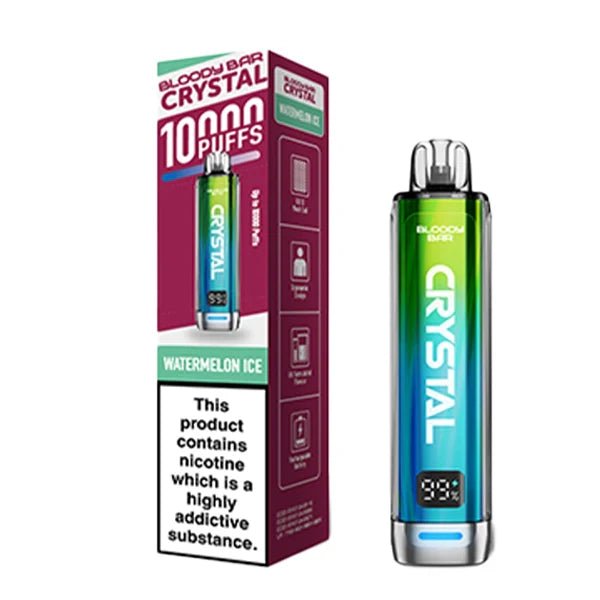 Bloody bar crystal 10k vape kit watermelon ice device and packaging on a white background - uk vape sales