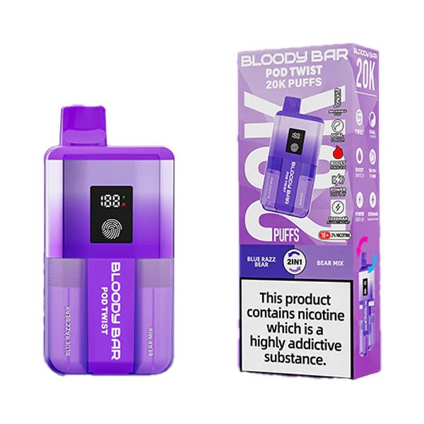 Bloody bar pod twist 20k vape kit blue razz bear & bear mix device and packaging on a white background - uk vape sales