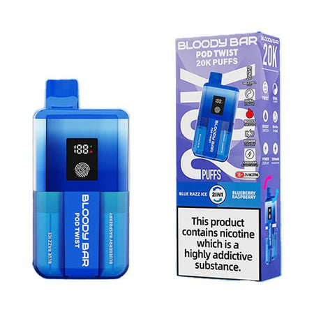 Bloody bar pod twist 20k vape kit blue razz ice & blueberry raspberry device and packaging on a white background - uk vape sales