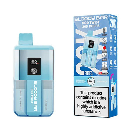 Bloody bar pod twist 20k vape kit blueberry raspberry & cherry ice device and packaging on a white background - uk vape sales