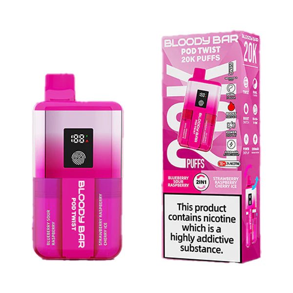 Bloody bar pod twist 20k vape kit blueberry sour raspberry & strawberry raspberry cherry ice device and packaging on a white background - uk vape sales