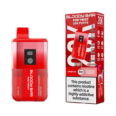 Bloody bar pod twist 20k vape kit cherry ice & strawberry raspberry cherry ice device and packaging on a white background - uk vape sales