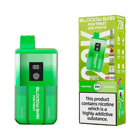 Bloody bar pod twist 20k vape kit fresh mint & spearmint device and packaging on a white background - uk vape sales