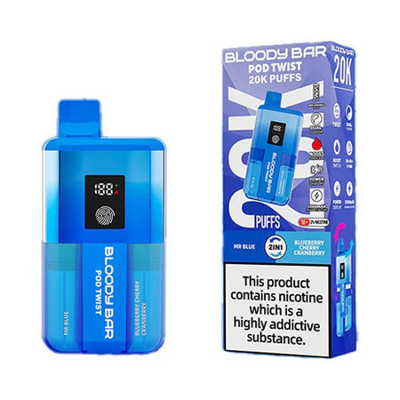 Bloody bar pod twist 20k vape kit mr blue & blueberry cherry cranberry device and packaging on a white background - uk vape sales