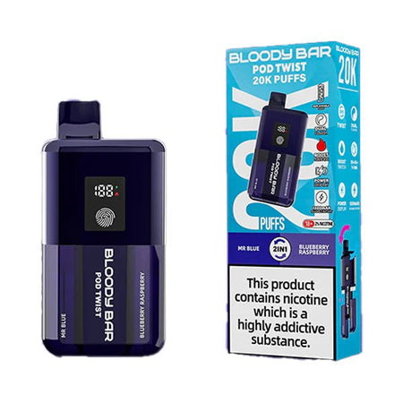 Bloody bar pod twist 20k vape kit mr blue & blueberry raspberry device and packaging on a white background - uk vape sales