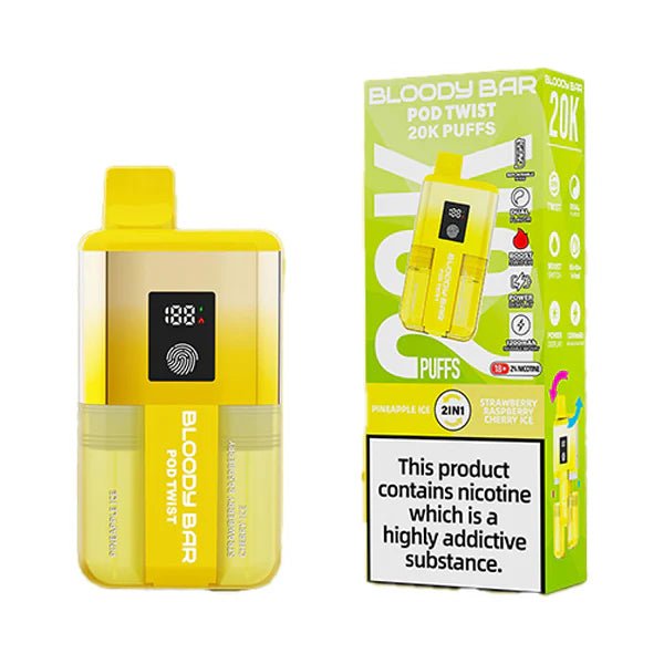 Bloody bar pod twist 20k vape kit pineapple ice & strawberry raspberry cherry ice device and packaging on a white background - uk vape sales