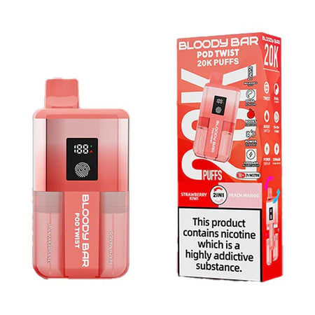 Bloody bar pod twist 20k vape kit strawberry kiwi & peach mango device and packaging on a white background - uk vape sales