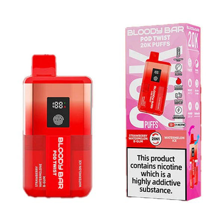 Bloody bar pod twist 20k vape kit strawberry watermelon b-gum & watermelon ice device and packaging on a white background - uk vape sales