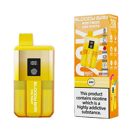 Bloody bar pod twist 20k vape kit triple mango & peach mango device and packaging on a white background - uk vape sales