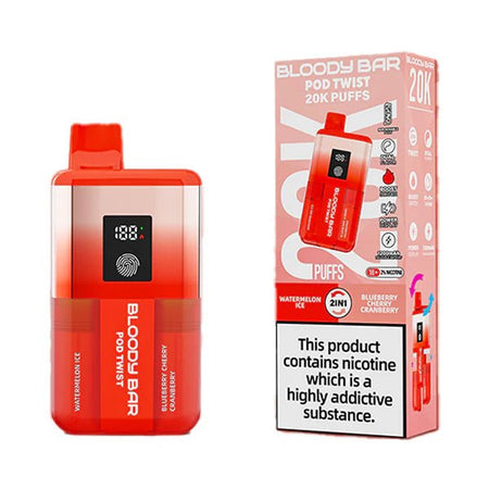 Bloody bar pod twist 20k vape kit watermelon ice & blueberry cherry cranberry device and packaging on a white background - uk vape sales