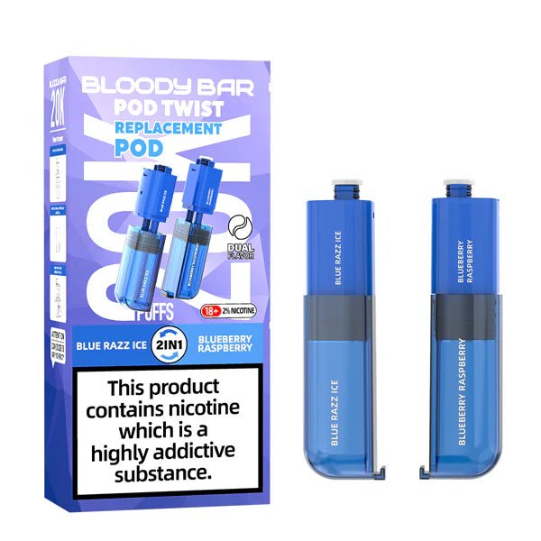 Bloody Bar Pod Twist 20K Refill Pods blue razz ice & blueberry raspberry with packaging on a white background - uk vape sales
