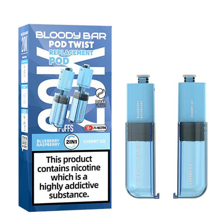 Bloody Bar Pod Twist 20K Refill Pods blueberry raspberry & cherry ice with packaging on a white background - uk vape sales