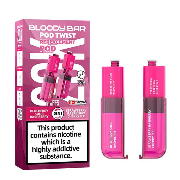 Bloody Bar Pod Twist 20K Refill Pods blueberry sour raspberry & strawberry raspberry cherry ice with packaging on a white background - uk vape sales