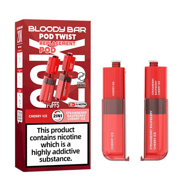 Bloody Bar Pod Twist 20K Refill Pods cherry ice & strawberry raspberry cherry ice with packaging on a white background - uk vape sales