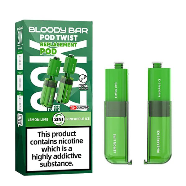Bloody Bar Pod Twist 20K Refill Pods lemon lime & pineapple ice with packaging on a white background - uk vape sales
