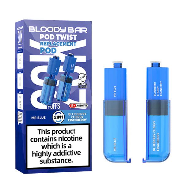 Bloody Bar Pod Twist 20K Refill Pods mr blue & blueberry cherry cranberry with packaging on a white background - uk vape sales