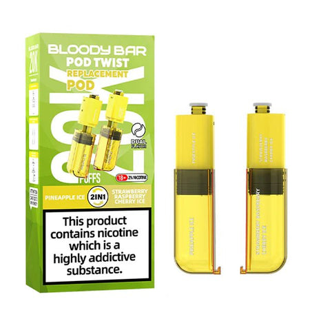 Bloody Bar Pod Twist 20K Refill Pods pineapple ice & strawberry raspberry cherry ice with packaging on a white background - uk vape sales