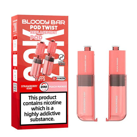 Bloody Bar Pod Twist 20K Refill Pods strawberry kiwi & peach mango with packaging on a white background - uk vape sales
