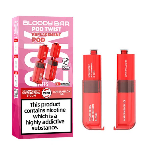 Bloody Bar Pod Twist 20K Refill Pods strawberry watermelon b-gum & watermelon ice with packaging on a white background - uk vape sales