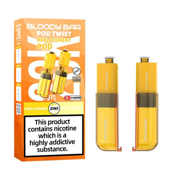 Bloody Bar Pod Twist 20K Refill Pods triple mango & peach mango with packaging on a white background - uk vape sales