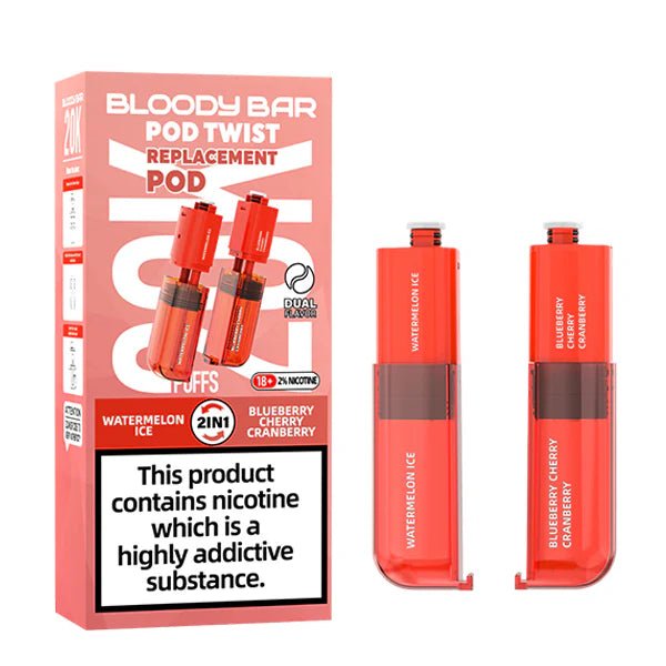 Bloody Bar Pod Twist 20K Refill Pods watermelon ice & blueberry cherry cranberry with packaging on a white background - uk vape sales