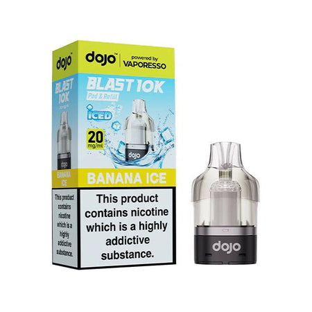 Dojo Blast 10K Refill Pods banana ice with packaging on a white background - uk vape sales