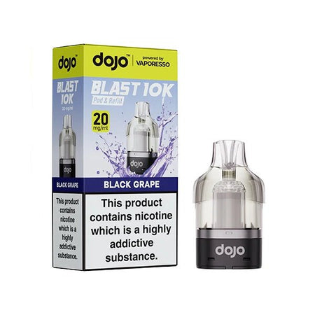 Dojo Blast 10K Refill Pods black grape with packaging on a white background - uk vape sales