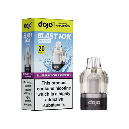 Dojo Blast 10K Refill Pods blueberry sour raspberry with packaging on a white background - uk vape sales
