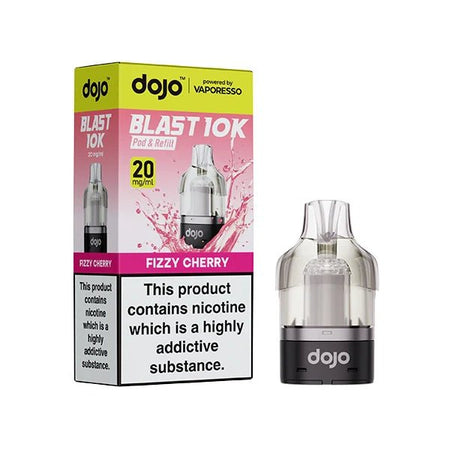 Dojo Blast 10K Refill Pods fizzy cherry with packaging on a white background - uk vape sales